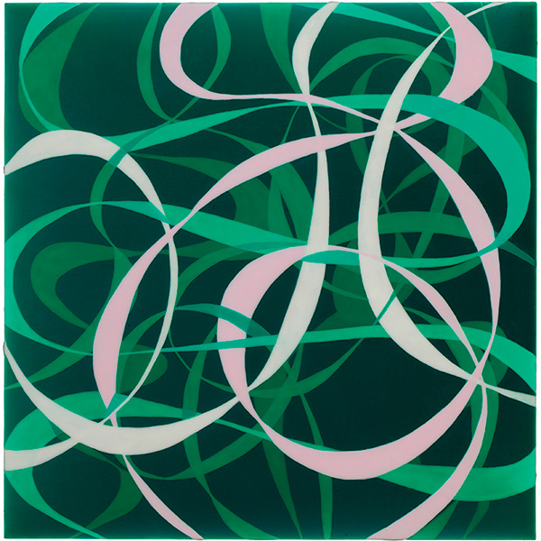 Ribbons: Green, Pink and White; 2011, acrylic on panel, 12 x 12 in.