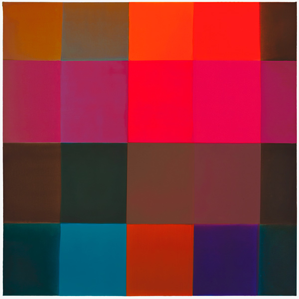 PinkOrangeBlueBrown, 2017, acrylic on canvas mounted on wood panel, 36 x 36 in.